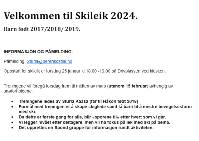 Velkommen til skileik 25.01.24 kl. 18.00 - 19.00 på Drivplassen